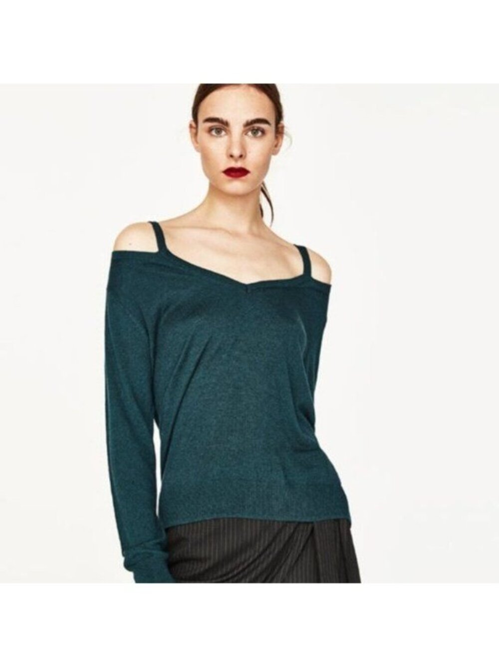 Zara Slit Sleeve Cut Out V Neck Teal Sweater